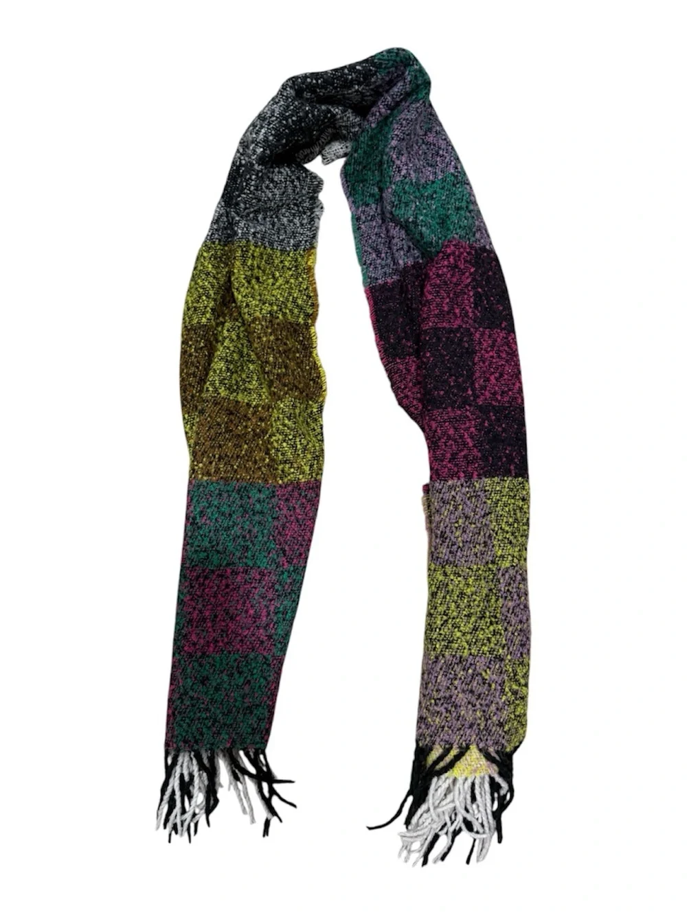 Colorblock Checkered Fringe Scarf - Pink, Green, Yellow